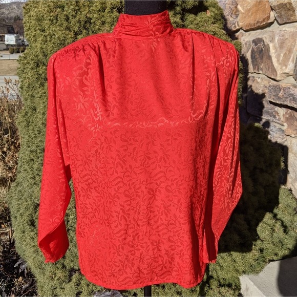 Vintage 80s Red Jacquard Mock Neck Designer Blouse, Oleg Cassini Top - Picture 3 of 4